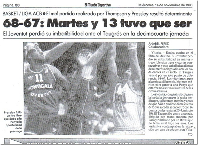 Tal día como el 13 de noviembre de 1990. El Baskonia acaba con un invicto Joventut
