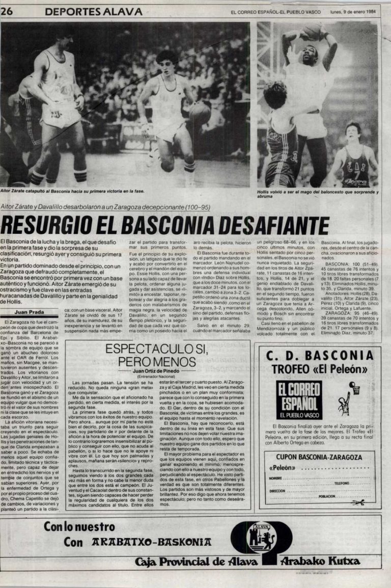 Temporada 83/84.Liga ACB J21 Arabatxo Baskonia 100-95 CAI Zaragoza