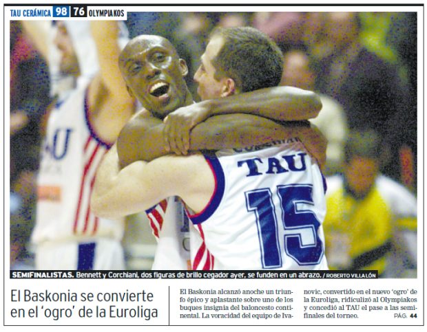Foto: El Correo. Bennett y Corchiani ante Olympiacos en 2001