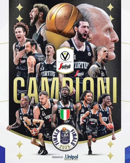 Dusko Ivanovic, Tornike Shengelia, y Achille Polonara campeones de la Lega con Virtus Bolonia