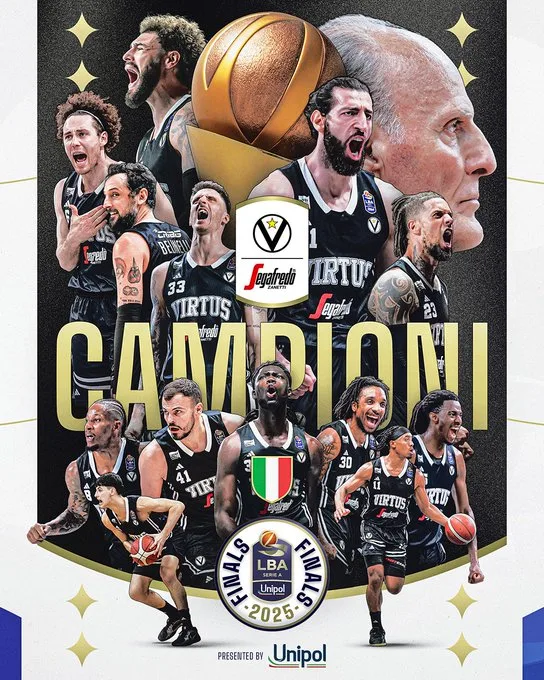 Dusko Ivanovic, Tornike Shengelia, y Achille Polonara campeones de la Lega con Virtus Bolonia